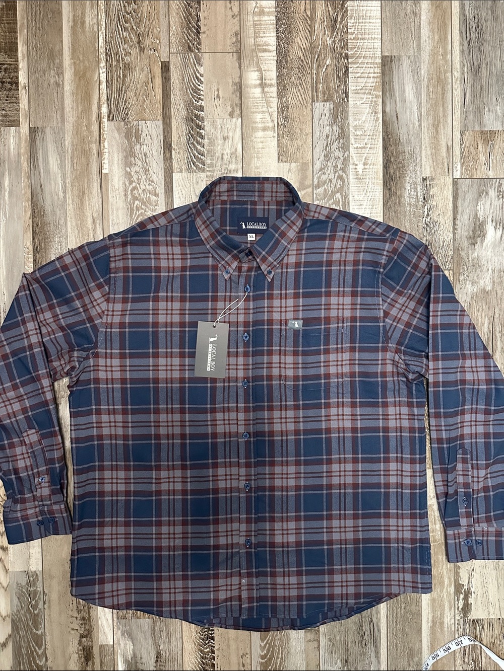 Local Bay Men's Blue and Maroon Phelan Stretch Flannel Button-Down Shirt NWT